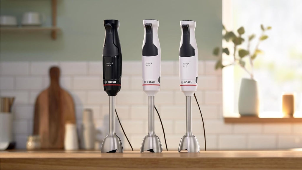 Bosch Frullatore a immersione ErgoMaster Serie 4, 1000 Watt, Piede in acciaio inox, Tritatutto, Bicchiere graduato, nero