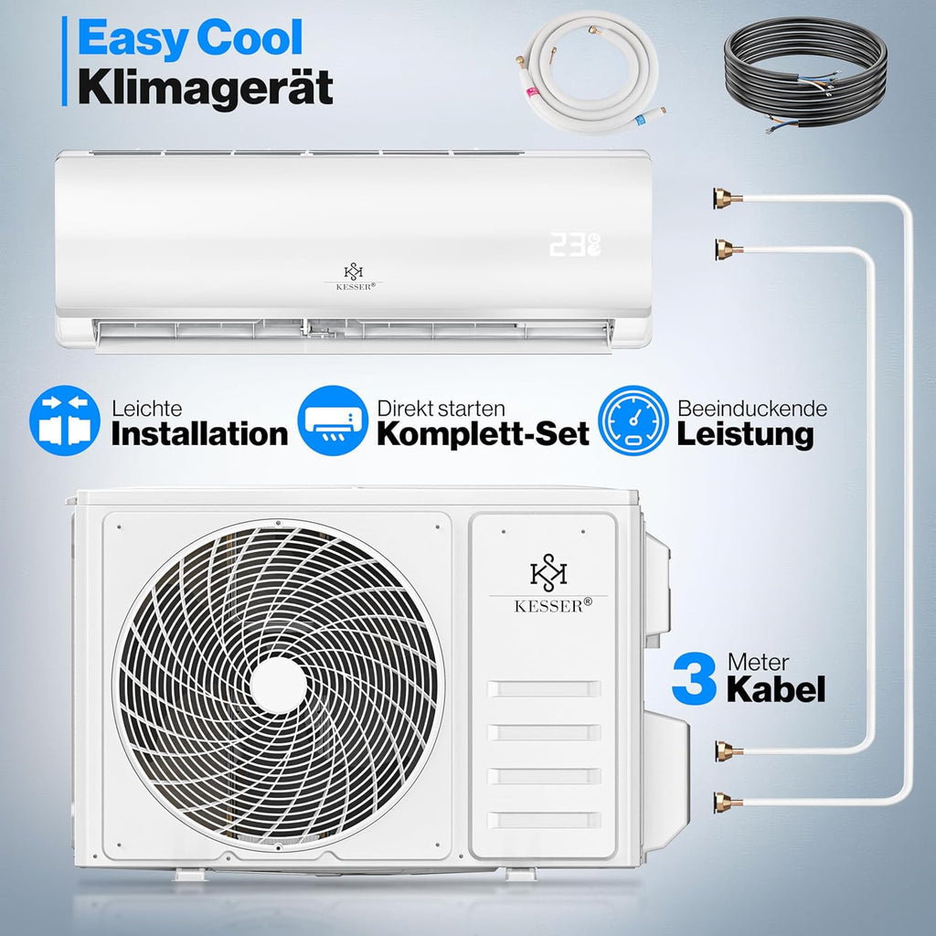 KESSER® Condizionatore Split - con funzione WiFi/App - Raffreddamento A++/Riscaldamento A+ - 9000 BTU/h (2.600 Watt) Refrigerante R32 - Telecomando, funzione timer - Kit di montaggio completo incluso