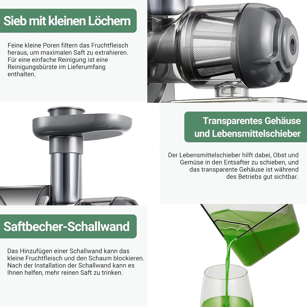 【Neues】Entsafter AOBOSI-Slow juicer mit 2 Geschwindigkeitsstufen-Entsafter gemüse und obst mit 8 stufiger Schnecke-Saftpresse mit Reinigungsbürste&2 Bechern-Obstpresse mit Reversierfunktion