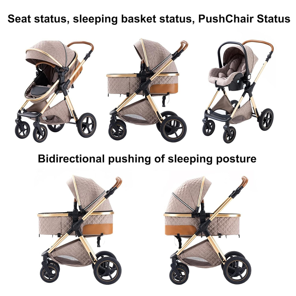Shineey kinderwagen 3 in 1 Buggy Babybett Komplett Set Einem Klick Zusammenklappbarer Kinderwagen, 3 in 1 KombiKinderwagen Aluminiumrahmen für Neugeborene