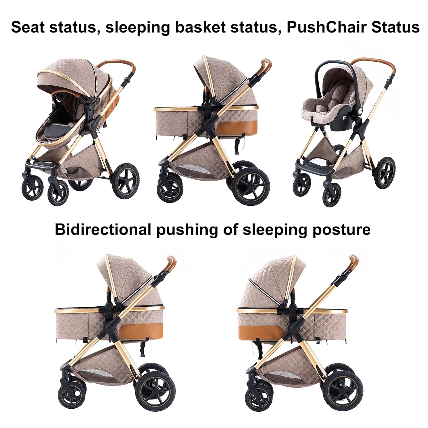 Shineey kinderwagen 3 in 1 Buggy Babybett Komplett Set Einem Klick Zusammenklappbarer Kinderwagen, 3 in 1 KombiKinderwagen Aluminiumrahmen für Neugeborene