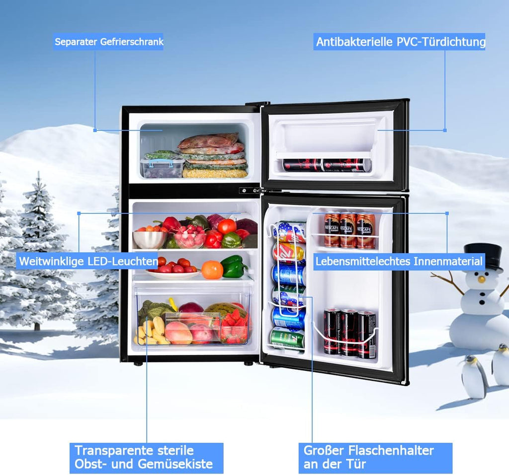 GOPLUS Frigorifero con congelatore - Combinazione frigo-congelatore / Capacità totale 90L, vano congelatore 27L / Termostato regolabile / Illuminazione interna a LED / Cerniera porta reversibile (Bianco)