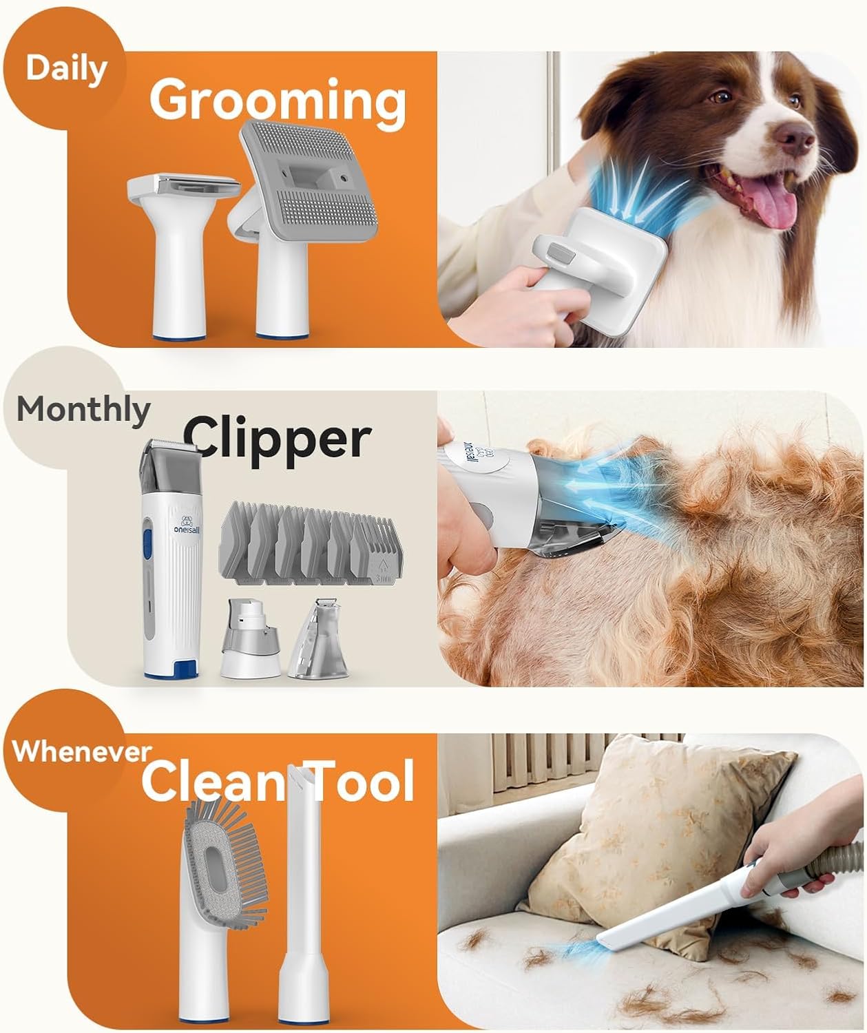 Tagliaunghie per cani oneisall con aspirapolvere, super aspirazione con 12000 Pa aspira il 99,99% dei peli di animali domestici, tosatrice silenziosa per cani e gatti con 7 strumenti per la toelettatura
