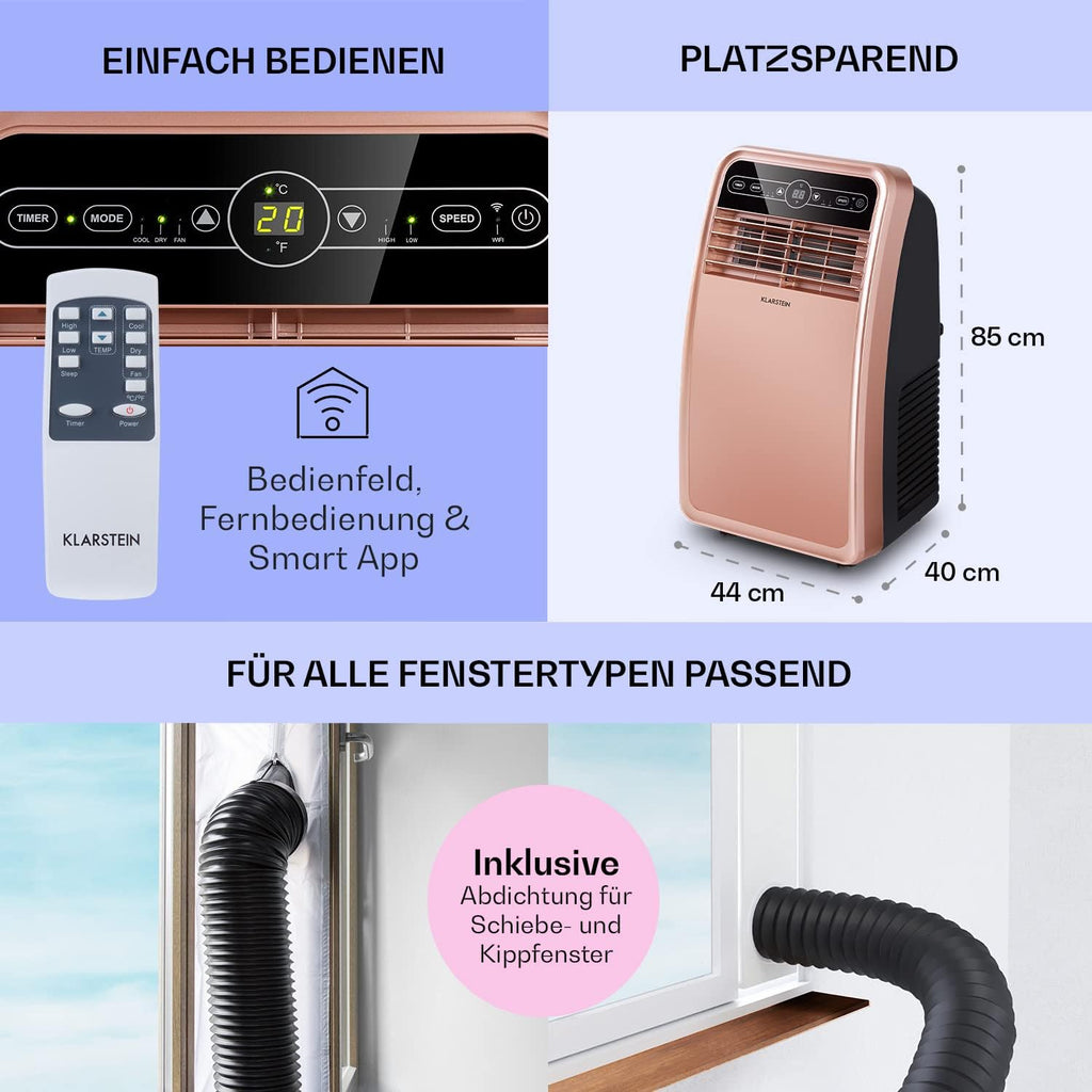 Klarstein Climatizzatore Portatile con Tubo di Scarico, Condizionatore 4-in-1 con Ventilatore, Deumidificatore e Modalità Notturna, Piccolo e Portatile per Casa e Ufficio, Controllo tramite App, 12000 BTU