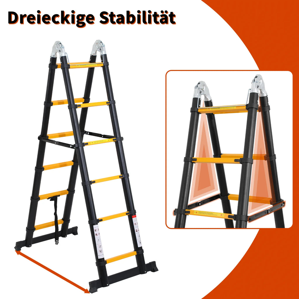 Sonnewelt 5M Alu Teleskopleiter Klappleiter mit Rdern und Dreiecksstabilisator Schwarz