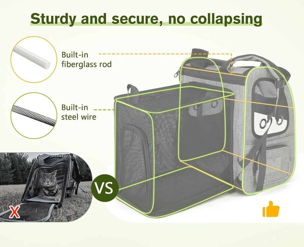 pecute Haustier Rucksack mit Netzfenster, Tragbare und Faltbare Katzentasche, Atmungsaktive und Leichte Hundetasche, Wasserdichtes Oxford-Tuch mit Viel Platz, Multifunktionales Rutschfestes Grau XL