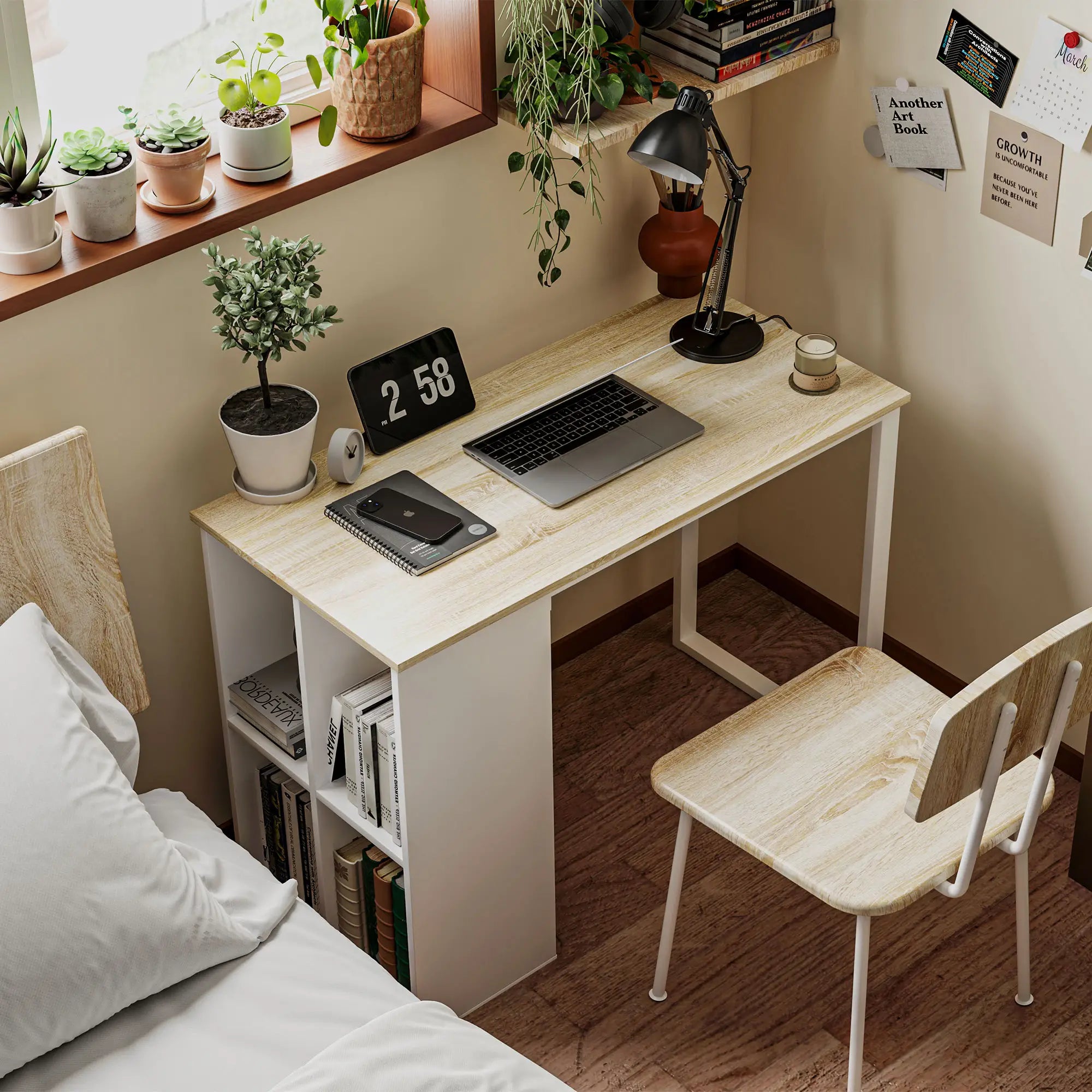 HOMCOM Scrivania da Ufficio Tavolo PC con 4 Ripiani Flessibili, Legno di Quercia