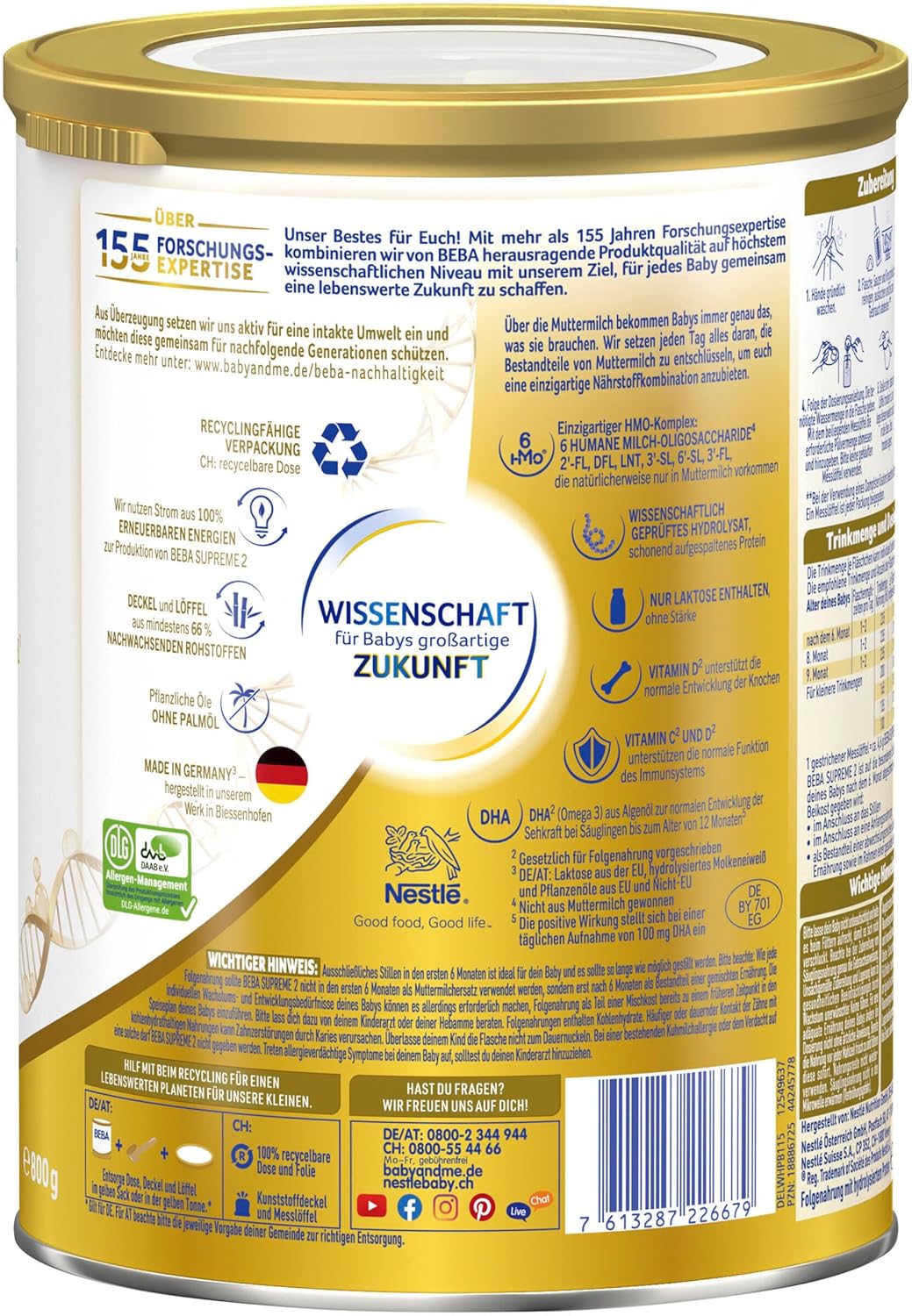 BEBA SUPREME 2 Folgemilch nach dem 6. Monat, Babynahrung mit 6 HMO Komplex, nur Laktose, ohne Palmöl, 6er Pack (12 x 800g)