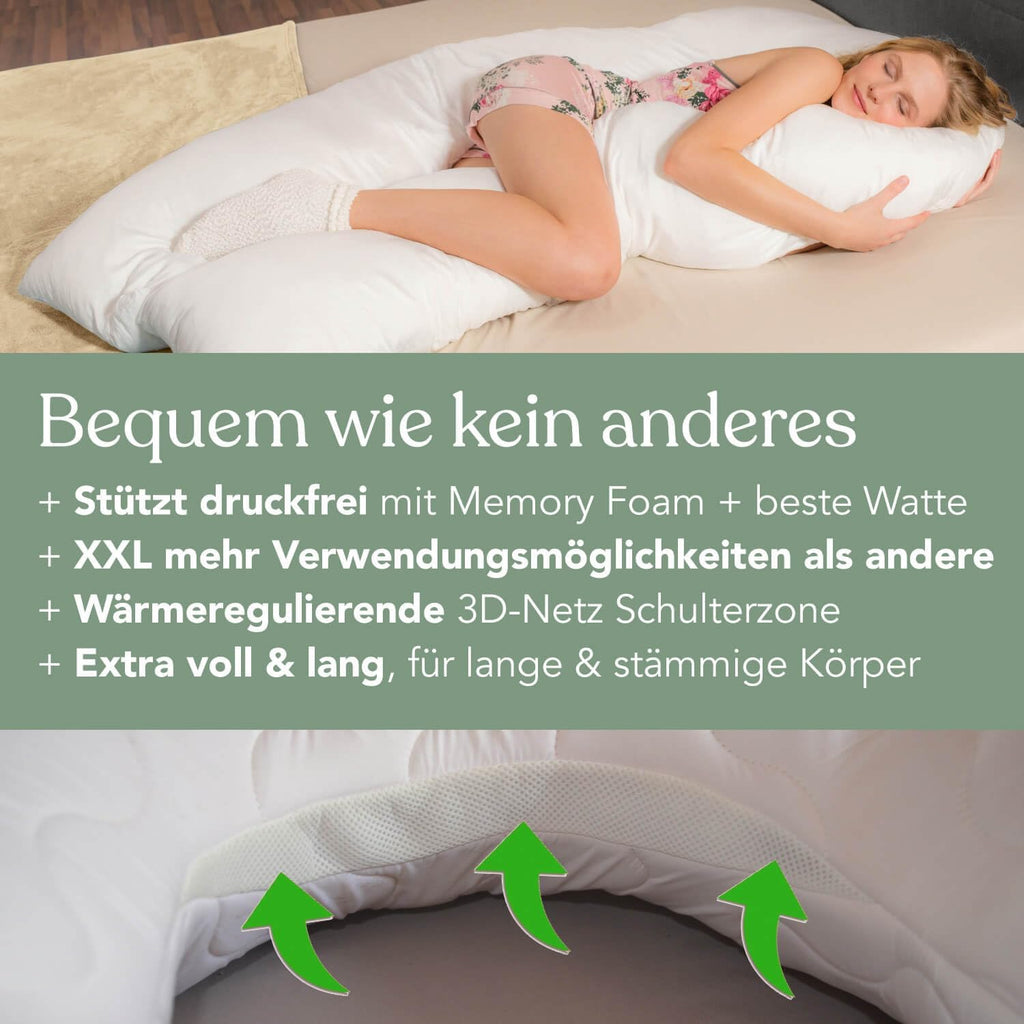 Traumreiter Visco XXL Seitenschläferkissen mit Bezug Baumwolle Graphit Grau, Hybrid Kissen + 1cm Memory Foam, U förmiges Schwangerschaftskissen Gel Body Pillow Komfortkissen Ergonomie Zertifiziert