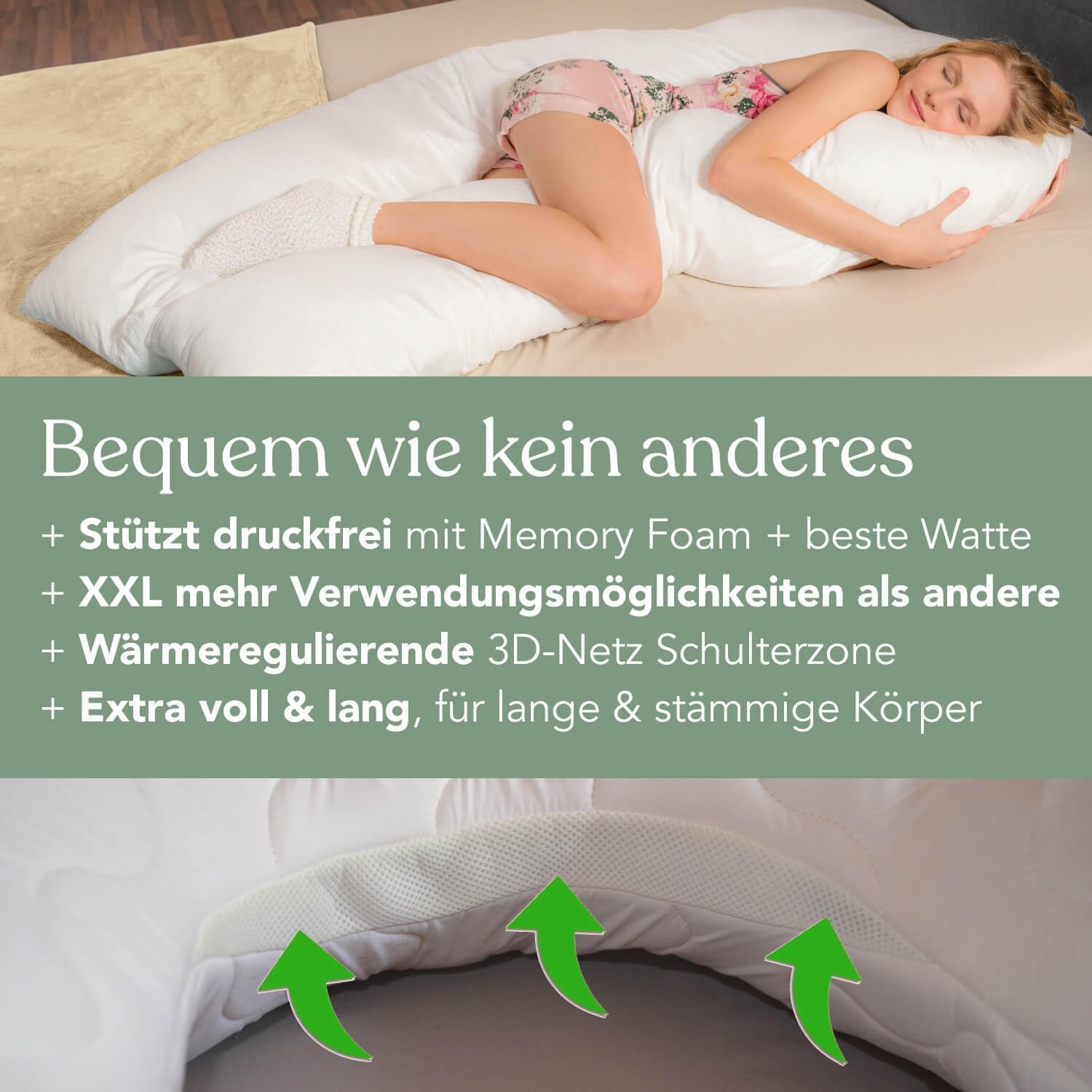 Traumreiter Visco XXL Seitenschläferkissen mit Bezug Baumwolle Graphit Grau, Hybrid Kissen + 1cm Memory Foam, U förmiges Schwangerschaftskissen Gel Body Pillow Komfortkissen Ergonomie Zertifiziert
