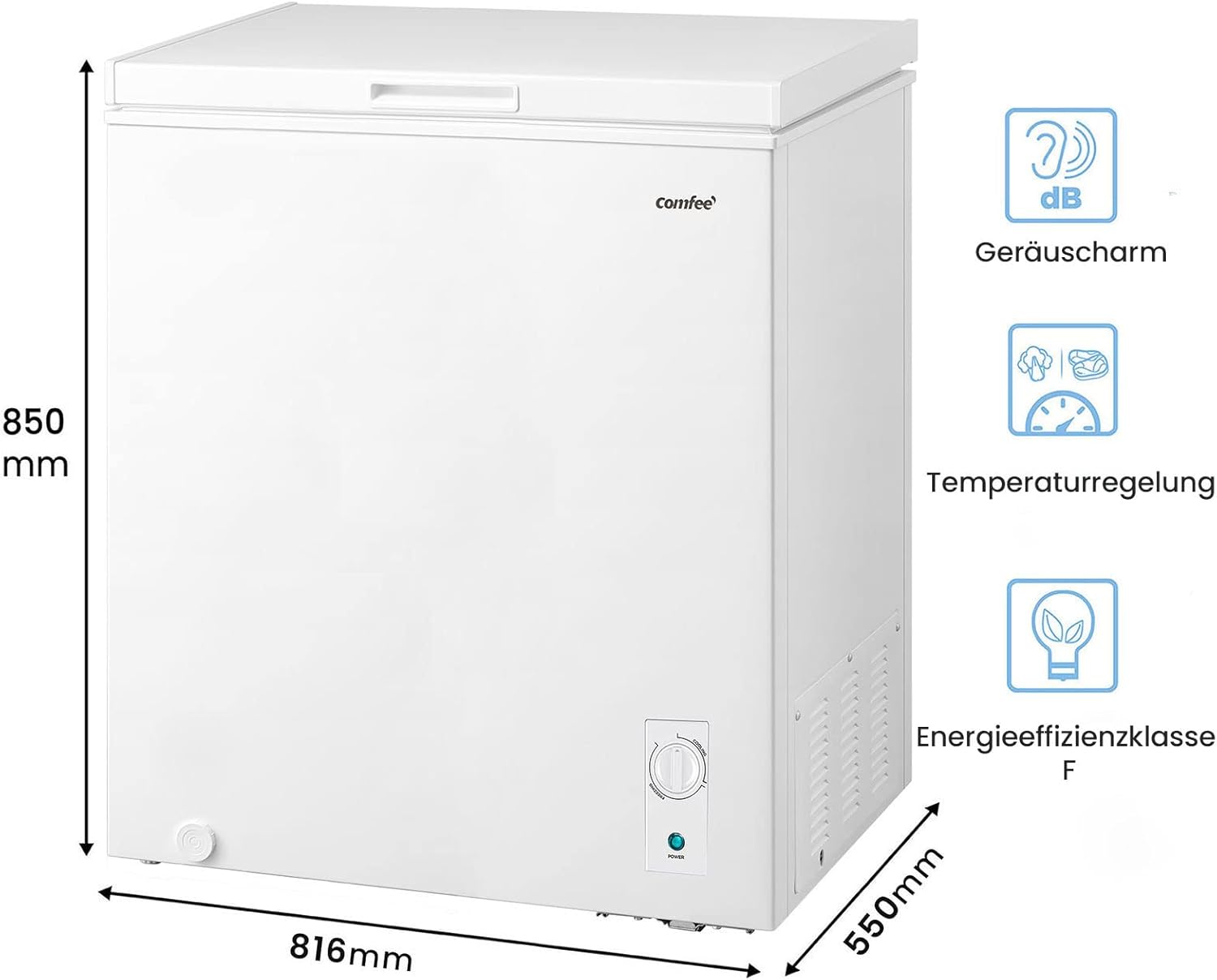 Comfee RCC100WH2(E) Congelatore a Pozzo/169 kWh/anno/85cm di altezza/99L/38dB/Bassa rumorosità/Tubo a D ad alta efficienza/Adatto a diversi scenari d'uso/Termostato regolabile/Bianco