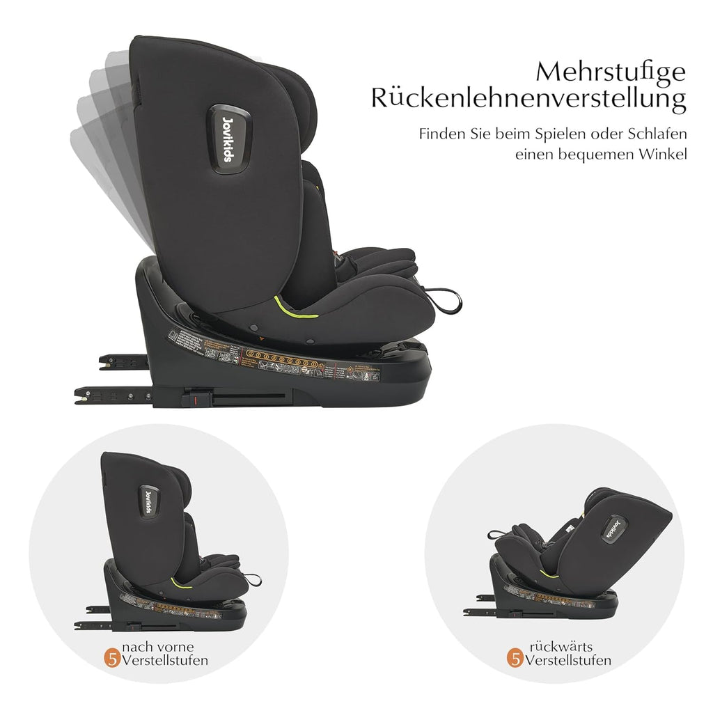 Jovikids 360° Drehbar Kindersitz mit ISOFIX und Ruheposition, i-Size(ECE R129) 40-150cm(0-36kg) Reboarder Baby Autositz, ab Geburt -12 Jahre (schwarz)