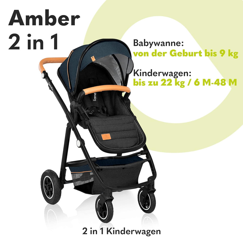 LIONELO Amber Kinderwagen 2 in 1 Kombikinderwagen, Kinderwagen Set mit sportlichen Sitz und fester Babywanne, Tasche, Moskitonetz, Abdeckung Regenblatt (Graphit)