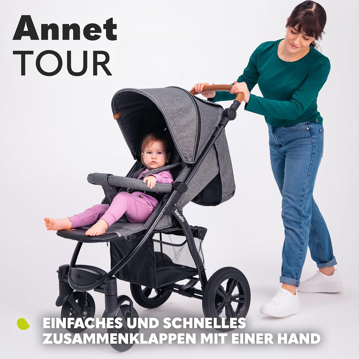 LIONELO Annet Tour Kinderwagen bis 22 kg, verstellbarer Griff, zusammenklappbar, verstellbare Rückenlehne bis zur Liegeposition, wartungsfreie Räder, XXL-Verdeck, 5-Punkt-Gurt, Einkaufskorb