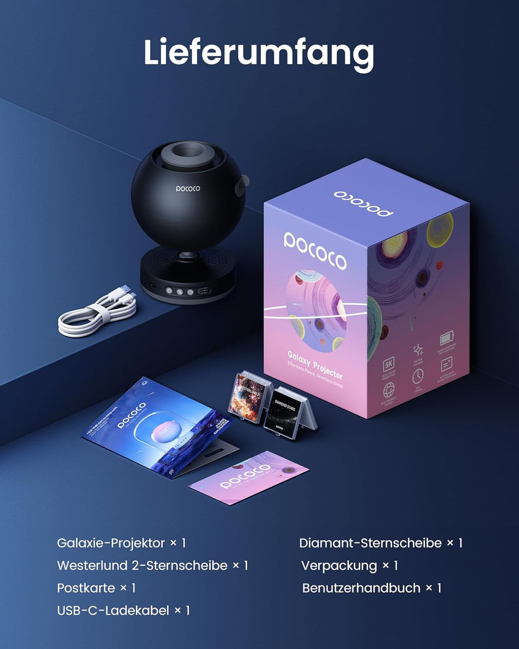 POCOCO Healing Vibes Geschenkbox, Sternenhimmel Projektor Kinder und Erwachsene, Sternenprojektor, Planetarium als Geschenk, Dekoration, Einschlafhilfe und Entspannung - mit 10 Scheiben und Spieluhr