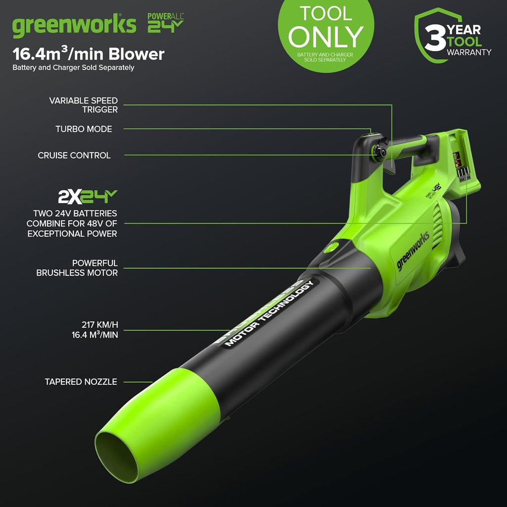 Greenworks Soffiatore assiale a batteria 48V (2x24V) con motore brushless, funzione turbo, 217 km/h, 16,4 m³/min, PIÙ due batterie da 24V 2Ah e caricabatterie, 3 anni di garanzia GD24X2ABK2X