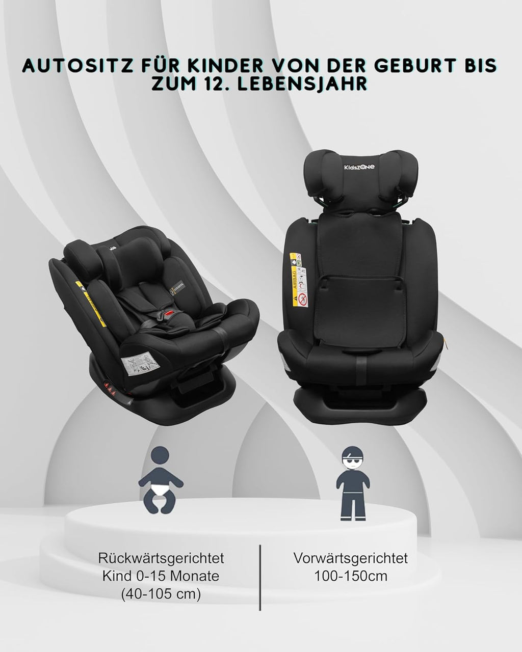 Kindersitz ohne Isofix 0-36 kg – Autositz i-Size 40-150 cm (Gruppe 0+ 1 2 3) – 5 Punkt Sicherheitsgurt, Verstellbare Kopfstütze