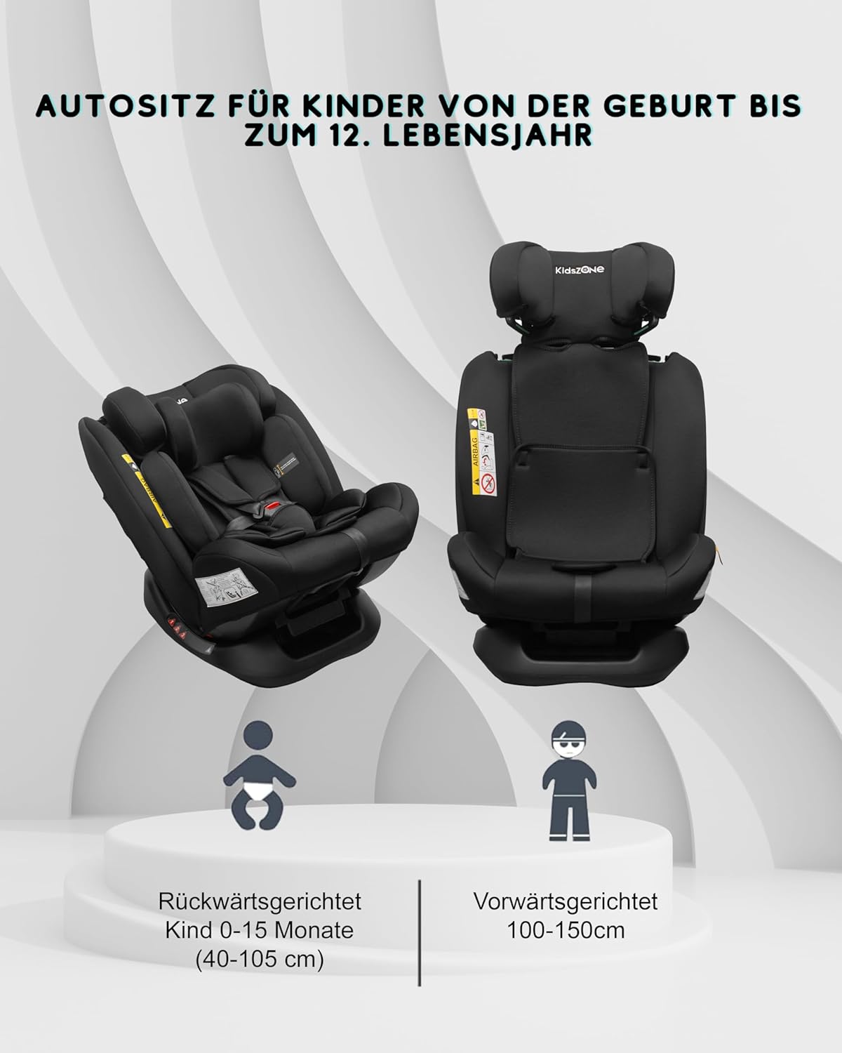 Kindersitz ohne Isofix 0-36 kg – Autositz i-Size 40-150 cm (Gruppe 0+ 1 2 3) – 5 Punkt Sicherheitsgurt, Verstellbare Kopfstütze