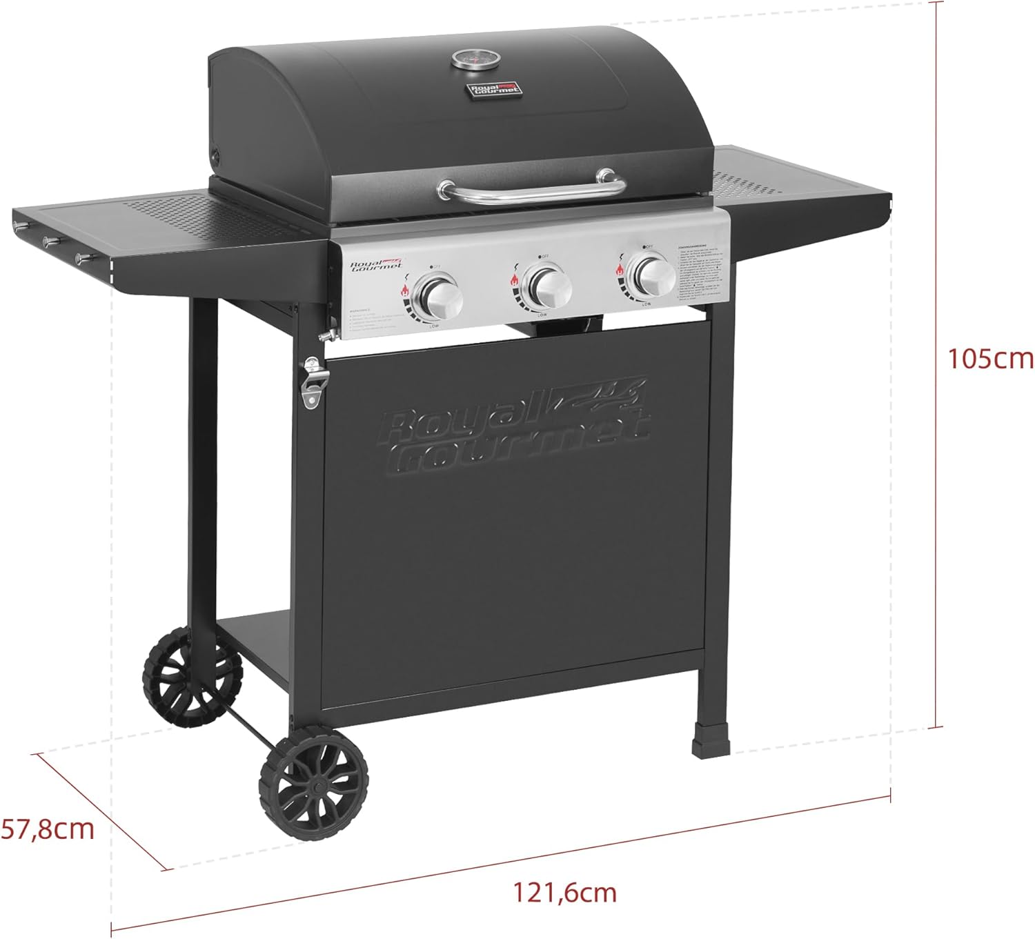 Royal Gourmet Grill a gas carrello 3 bruciatori 9 kW, fornello a gas da campeggio con piastra di cottura, barbecue da giardino con apribottiglie, regolatore di pressione e tubo del gas, griglia di cottura ca. 60 x 42 cm, Nero