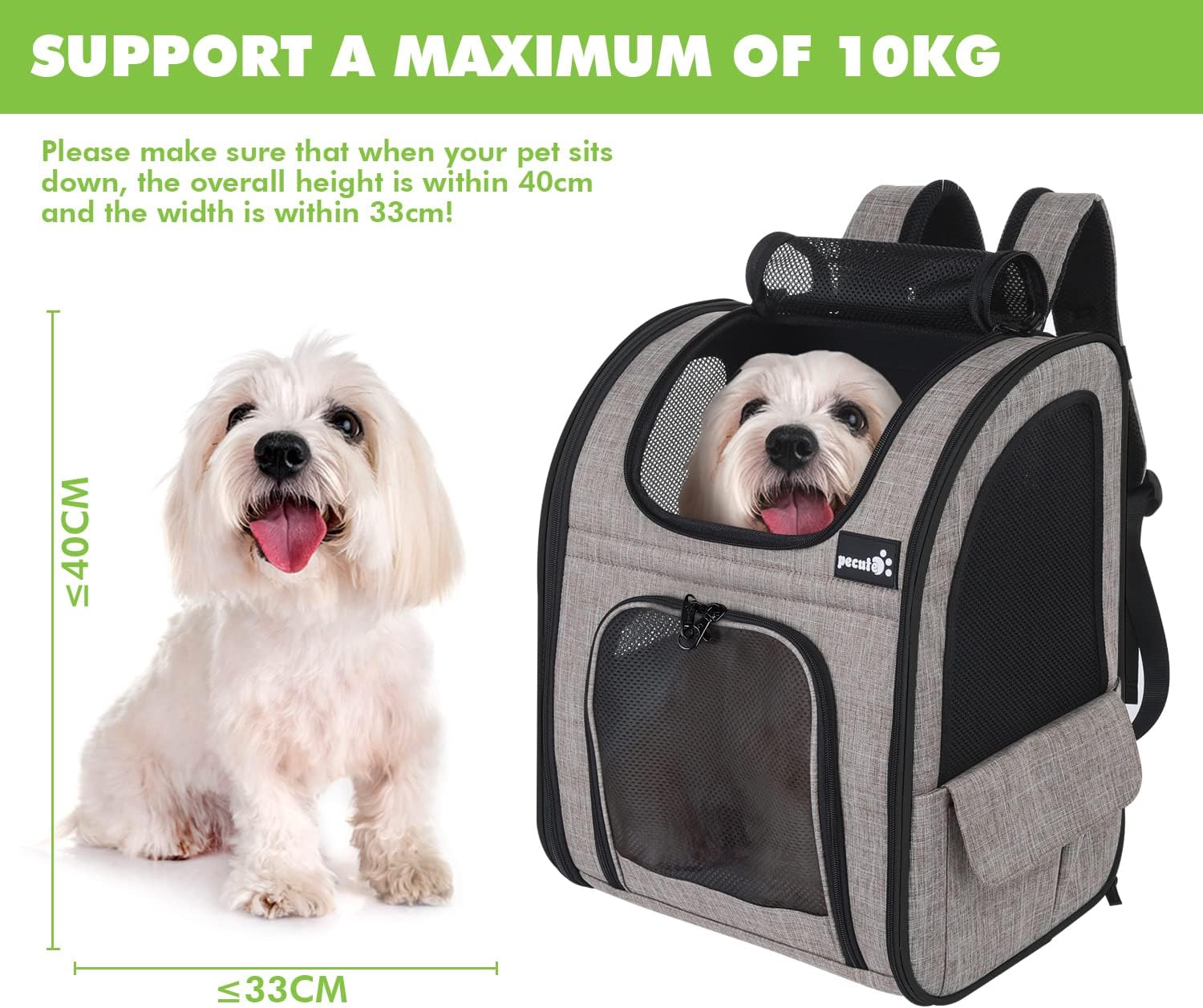 pecute Haustier Rucksack mit Netzfenster, Tragbare und Faltbare Katzentasche, Atmungsaktive und Leichte Hundetasche, Wasserdichtes Oxford-Tuch mit Viel Platz, Multifunktionales Rutschfestes Grau XL