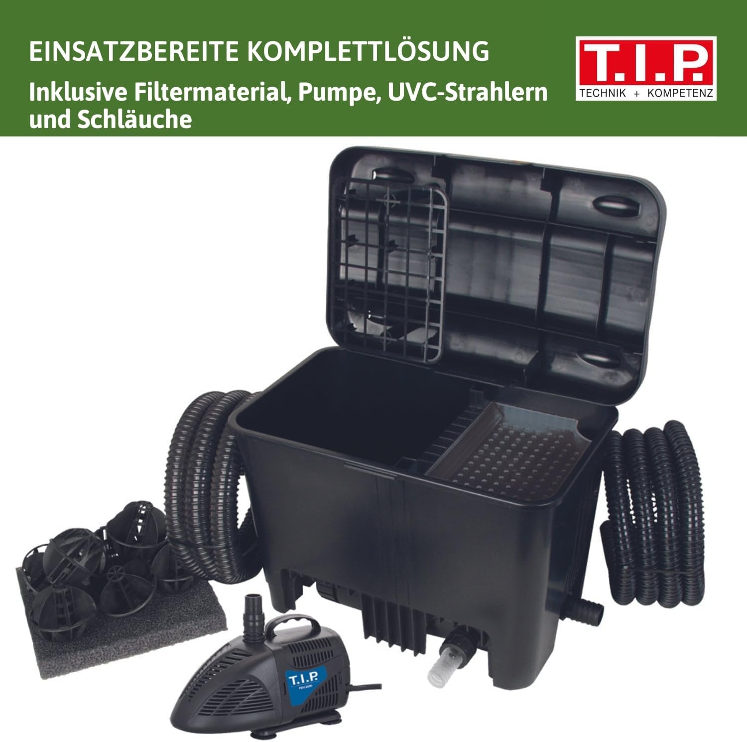 T.I.P. Teichfilter - Teichaußenfilter-Set (20.000 l Teichvolumen, Wet-and-Dry Technologie, UV-C 18 W, Filterbehälter 70 l, inkl. Pumpe, UV-C Strahler, Schläuche, Filtermaterial) WDF 20000 UV 18, 30285