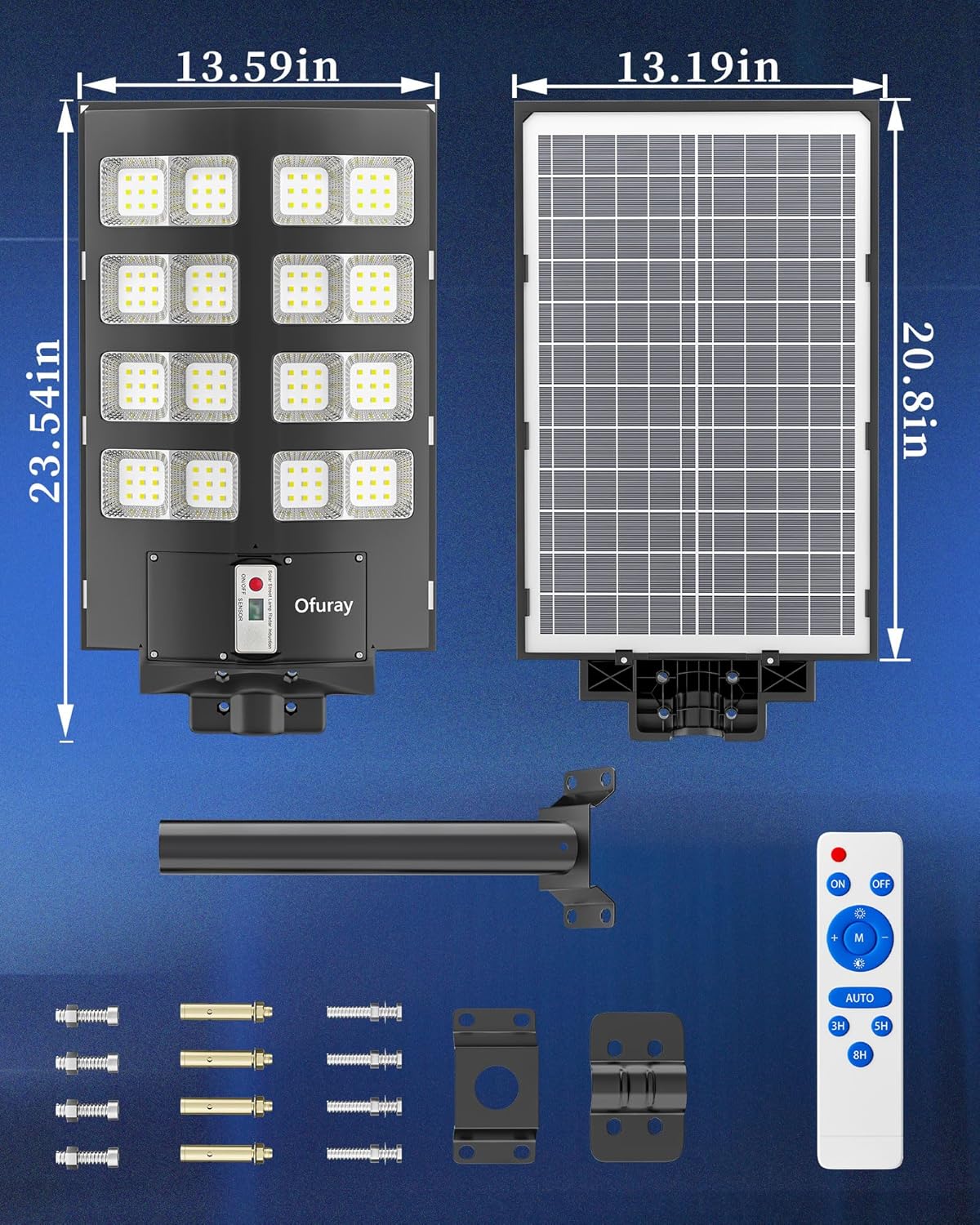 Ofuray 2000W Solar Straßenlaterne für Außen, 200000LM Solarlampen für Außen mit Bewegungsmelder, 6500K Solarleuchten Dämmerung bis zum Morgengrauen, IP67 Wasserdichte wegeleuchte für Parkplatz, Hof