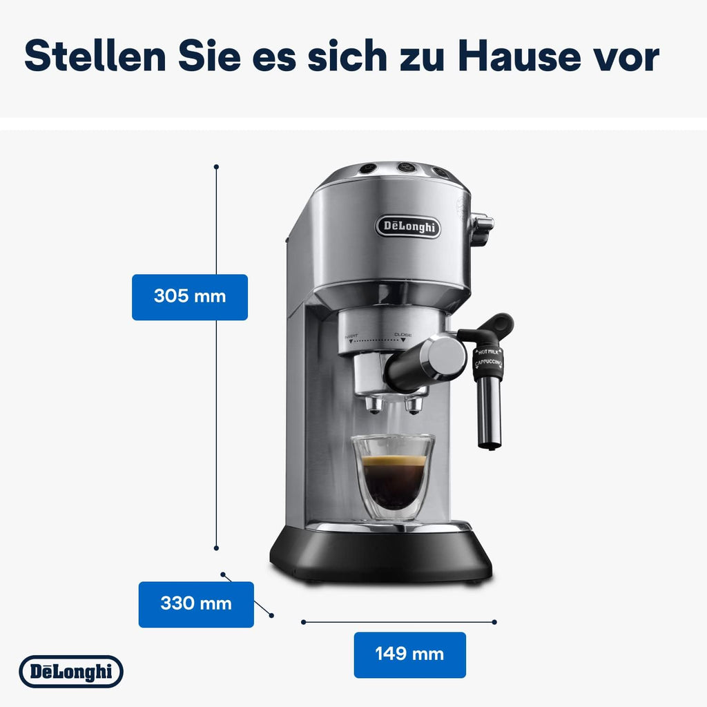 De'Longhi Dedica Style EC 685.M – Macchina da caffè espresso con portafiltro, con montalatte professionale, larga solo 15 cm, per caffè in polvere o cialde ESE, serbatoio dell'acqua da 1 l, argento