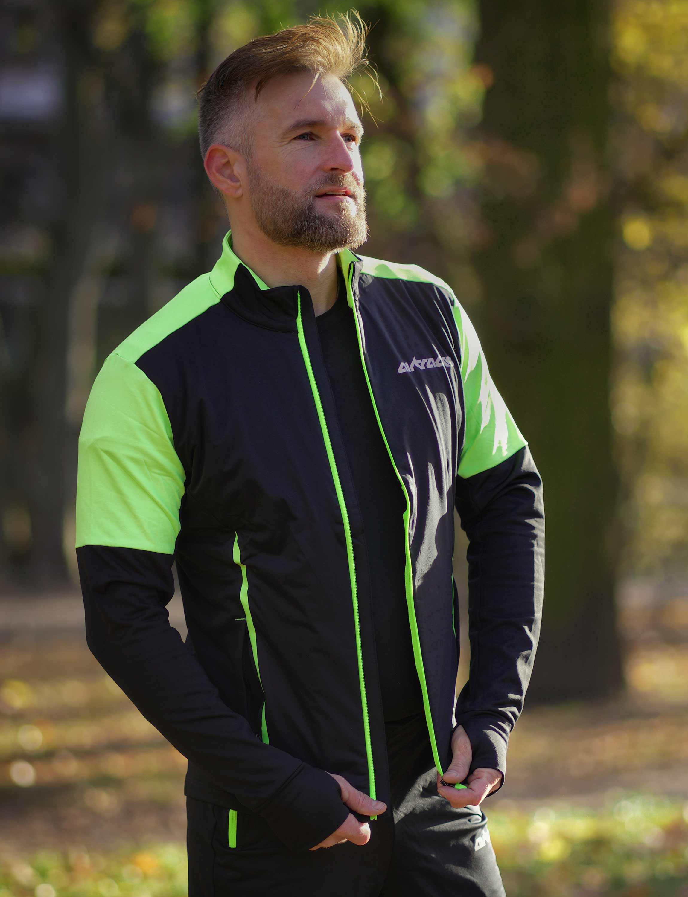 Herren Winter Fleece Laufshirt Langarm Thermo Running Sweatshirt Pro Line Schwarz-Neon Setprodukt