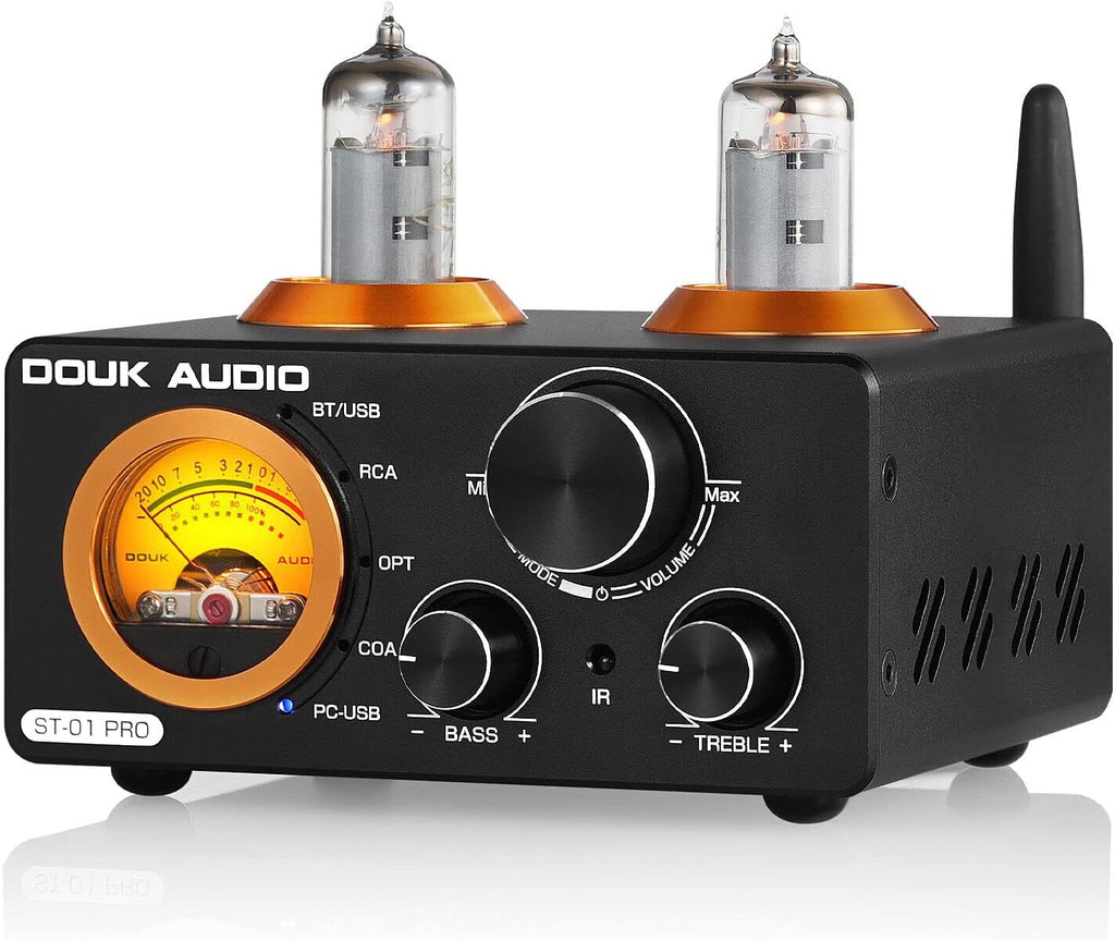 Douk Audio ST-01 PRO Amplificatore HiFi, Mini Amplificatore a Valvole da 200W con Bluetooth 5.0, VU Meter, Ingresso USB DAC Coassiale/Ottico (ST-01PRO)