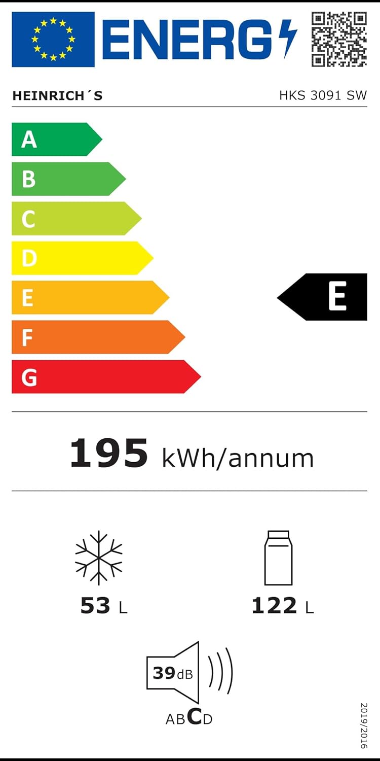 HEINRICHS Frigorifero-congelatore 175 litri, Volume frigorifero 122 litri, Scomparto congelatore 53 litri, Illuminazione interna a LED, Porta frigorifero reversibile, Silenzioso 39 dB, Grandi cassetti congelatore, 7 livelli di temperatura, Inox