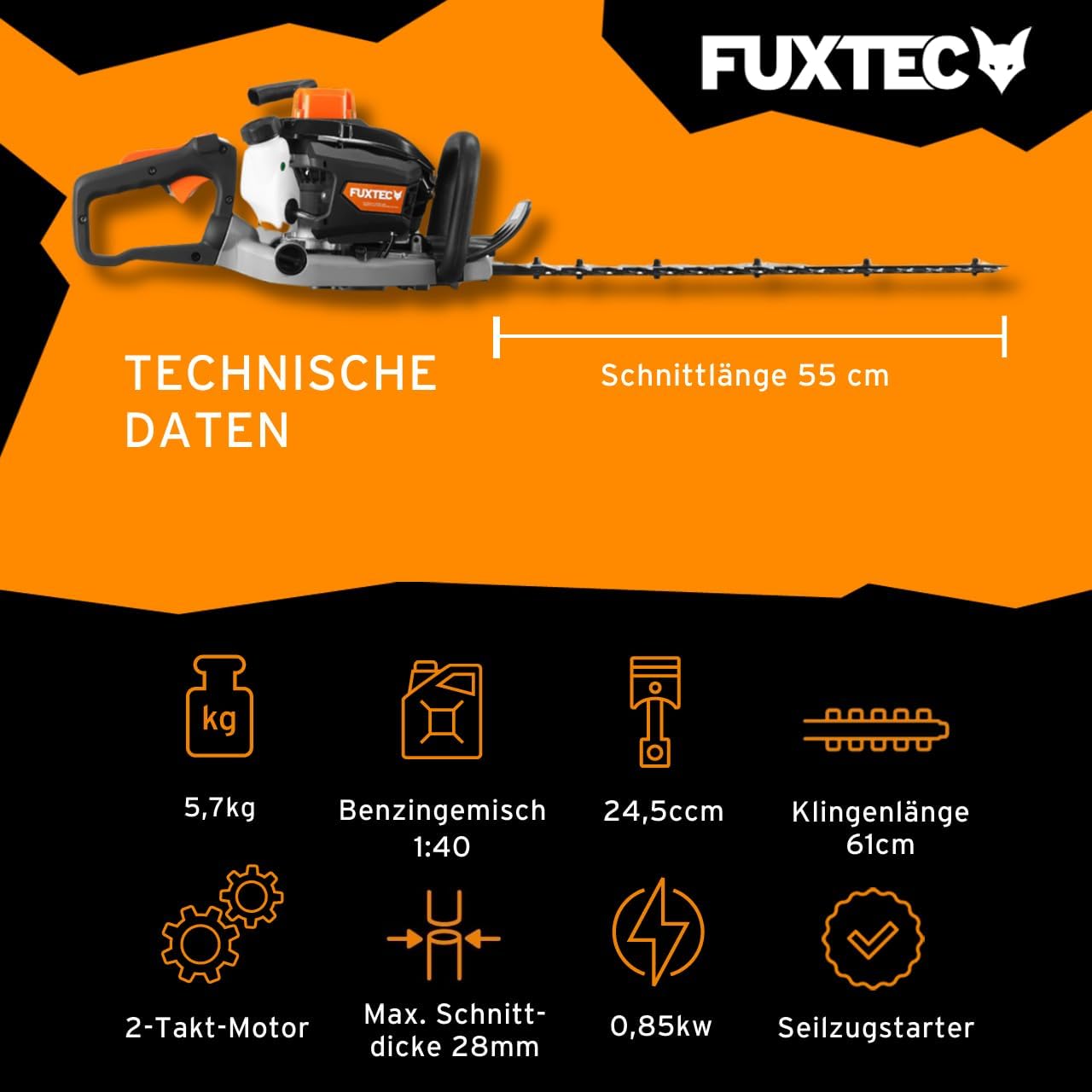 Fuxtec Benzin Heckenschere Profi FX-MHP126 mit XXL-Schwertlänge 800 mm Schwert Freischneider