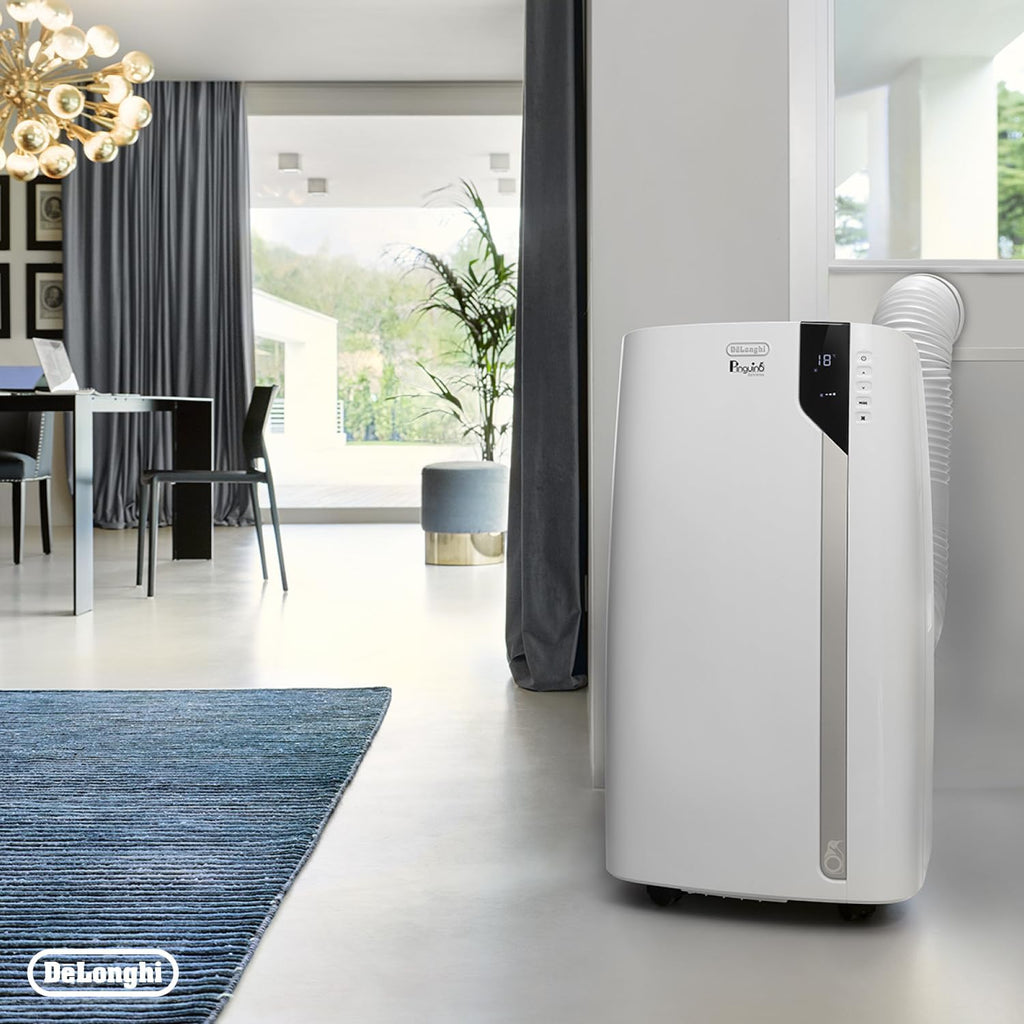 De'Longhi Pinguino PAC EM82, Condizionatore Portatile per ambienti fino a 80 m³, 9.400 BTU, 2,4 kW, 63 dB, Funzione Deumidificatore, Classe Energetica A, Timer 24h, Bianco