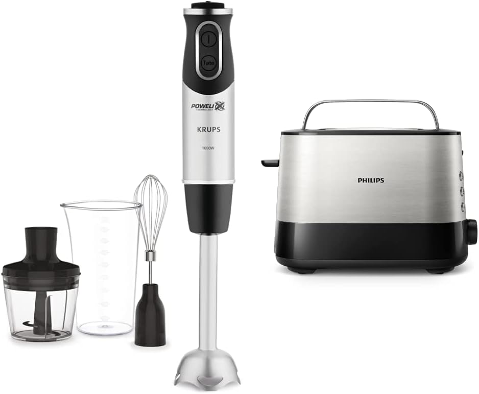 Krups Perfect Mix Stabmixer HZ6568 | Blender | 1000 Watt | Edelstahlfu | 4 extra scharfe Messer | Powelix Technologie | Schneebesen | 500 ml Zerkleinerer | 800 ml Messbecher | Schwarz/Silber