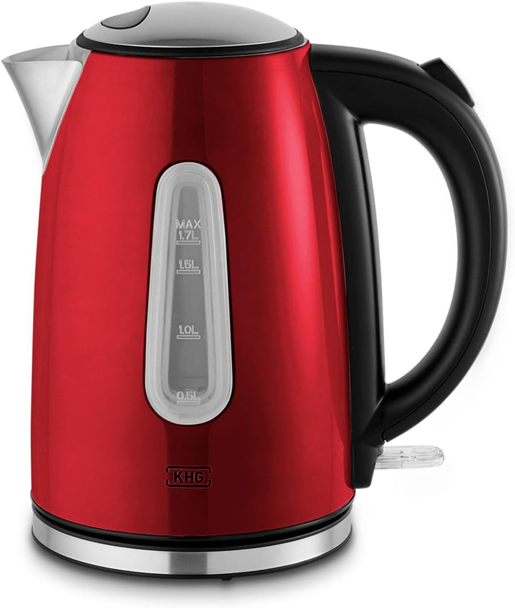 KHG Frühstücksset Wasserkocher, Toaster & Kaffeemaschine in Rot, Edelstahl Metallic Chrom, 1,7l Kapazität, 2 Toast Scheiben & 12 Tassen Kaffee, Kontrollleuchten, Wasserstandsanzeigen, Permanentfilter