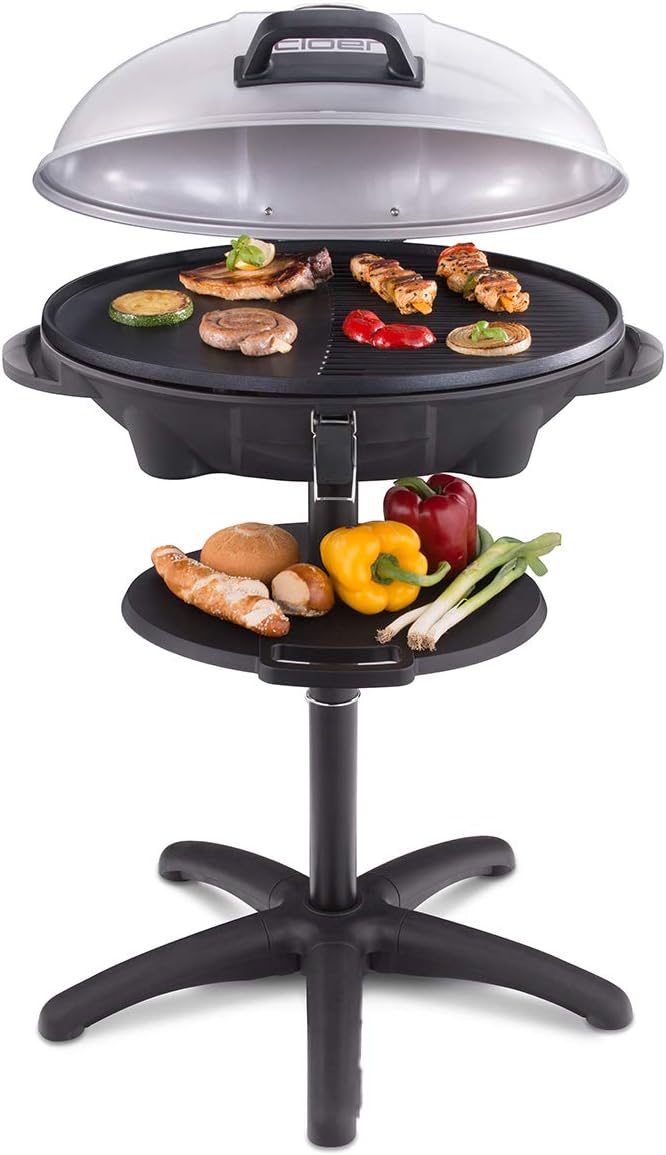 Cloer 6789 Barbecue-Grill, barbecue da esterno con termometro integrato, rivestimento antiaderente, 2400 Watt, superficie grill: 38,5 x 52,5 cm, riponibile in modo salvaspazio