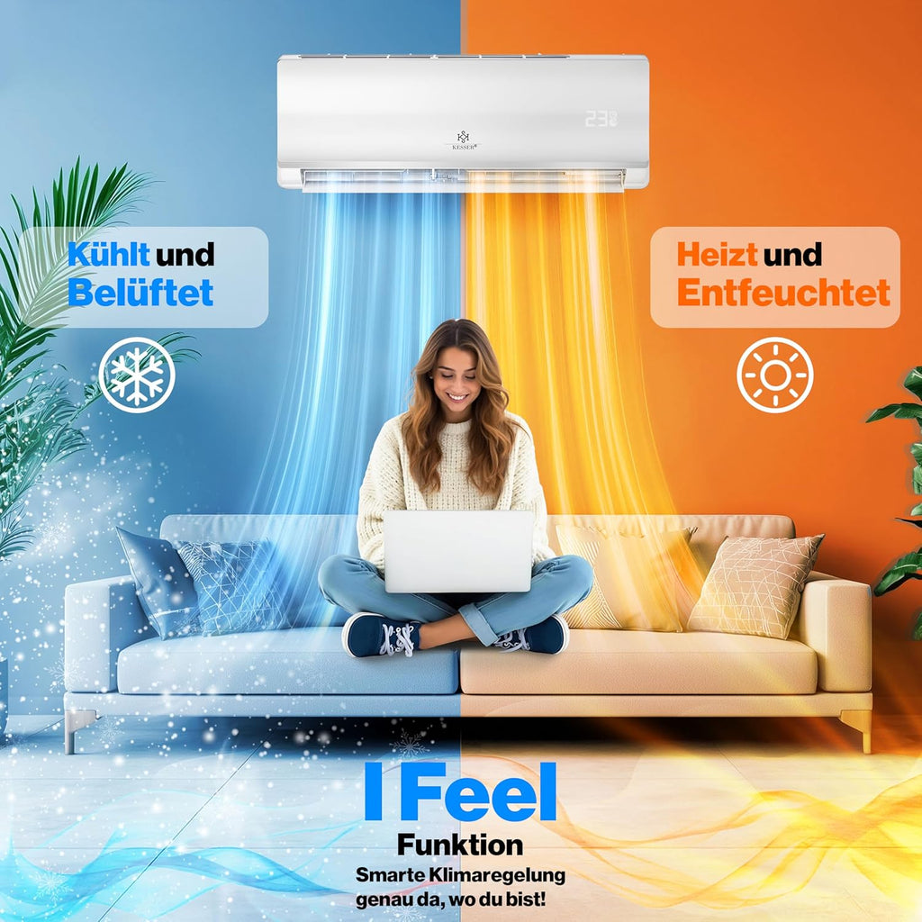 KESSER® Condizionatore Split - con funzione WiFi/App - Raffreddamento A++/Riscaldamento A+ - 9000 BTU/h (2.600 Watt) Refrigerante R32 - Telecomando, funzione timer - Kit di montaggio completo incluso