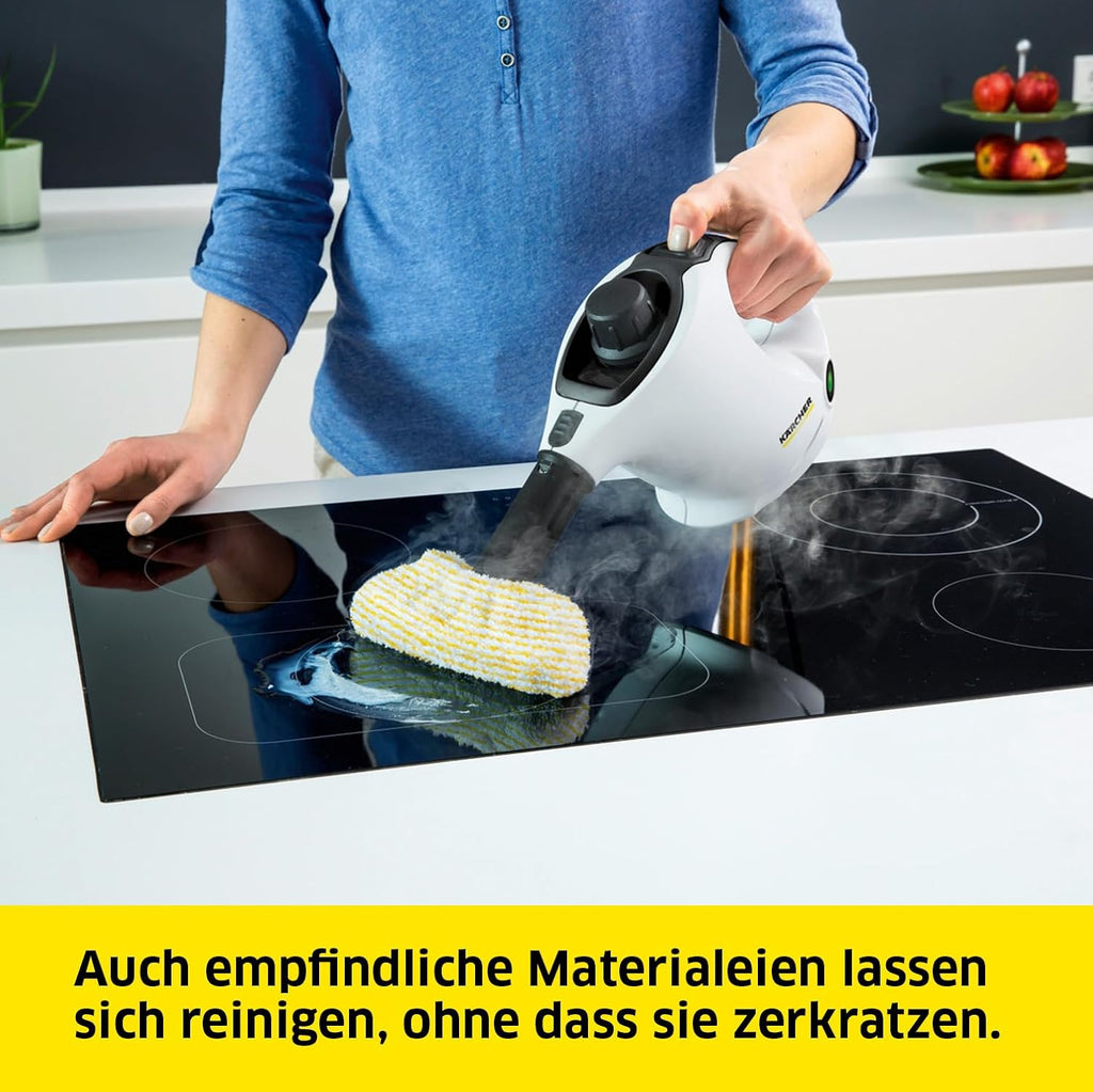Kärcher Pulitore a vapore SC 2 EasyFix, pressione vapore: 3,2 bar, tempo di riscaldamento: 6,5 min., potenza: 1.500 W, copertura: 75 m², serbatoio: 1 l, con set per la pulizia del pavimento EasyFix, ugelli e panno in microfibra, bianco