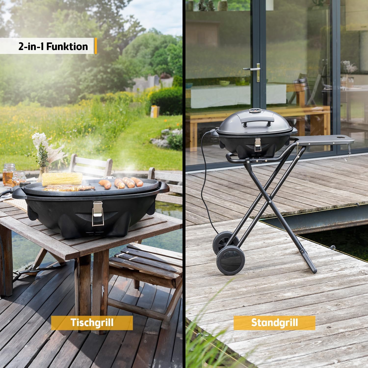 TZS First Austria Grill Elettrico 2in1 – Barbecue Elettrico Pieghevole ed Estremamente Stabile per Balcone – Grill da Tavolo Rimovibile da 2400 Watt con Coperchio, Piedistallo e Ruote, Plastica/Metallo – con Termostato