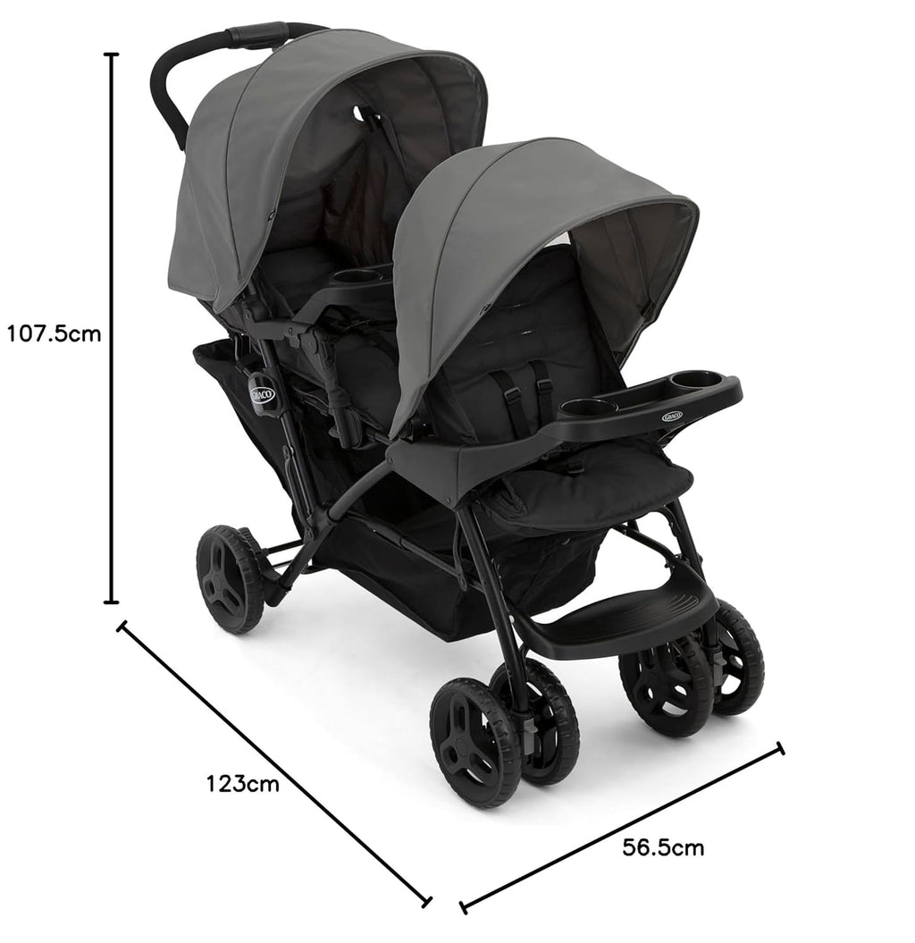 Graco Stadium Duo Passeggino Gemellare, 0-15 kg, utilizzabile anche con seggiolino auto, schienali reclinabili, pieghevole, sta in piedi da solo, ampio cestello portaoggetti, include vassoi portaoggetti, Titanium