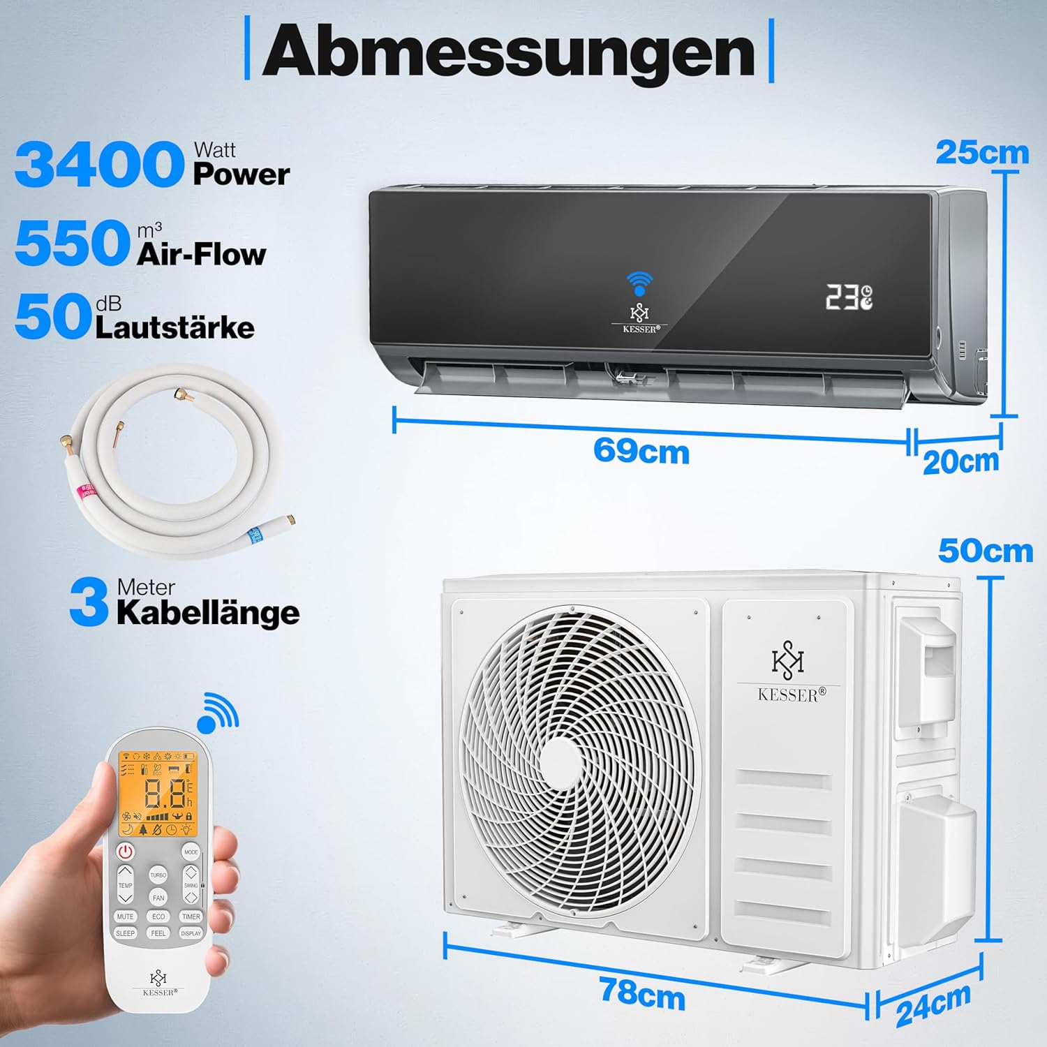 KESSER® Condizionatore Split - con funzione WiFi/App - Raffreddamento A++/Riscaldamento A+ - 9000 BTU/h (2.600 Watt) Refrigerante R32 - Telecomando, funzione timer - Kit di montaggio completo incluso