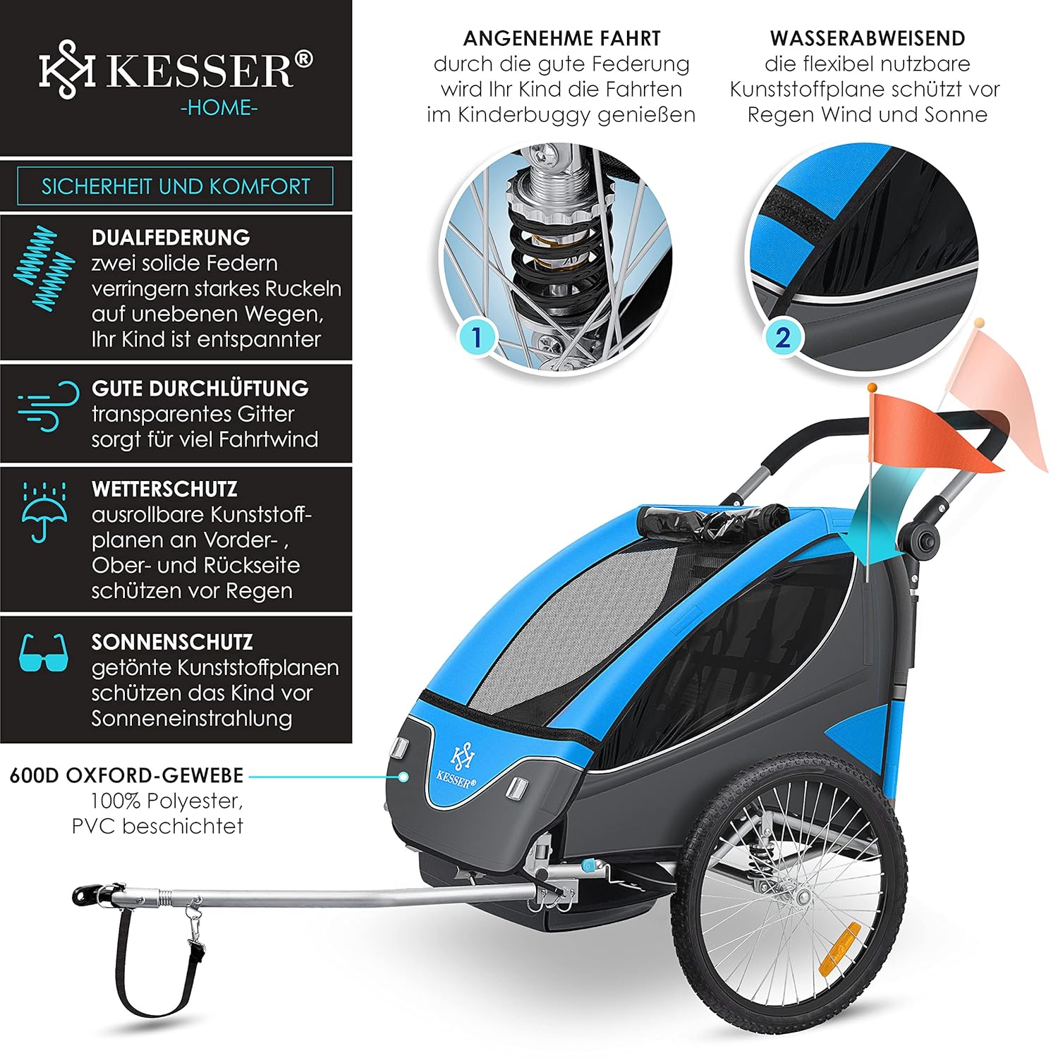 KESSER® Kinderanhänger Fahrradanhänger 360° Drehbar mit Federung 2in1 Joggerfunktion Kinderfahrradanhänger + 5-Punkt Gurt Jogger Fahrrad Anhänger für 1 bis 2 Kinder max. 40kg Inkl. Warnfahne, Schwarz