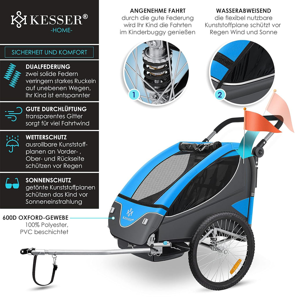 KESSER® Kinderanhänger Fahrradanhänger 360° Drehbar mit Federung 2in1 Joggerfunktion Kinderfahrradanhänger + 5-Punkt Gurt Jogger Fahrrad Anhänger für 1 bis 2 Kinder max. 40kg Inkl. Warnfahne, Schwarz