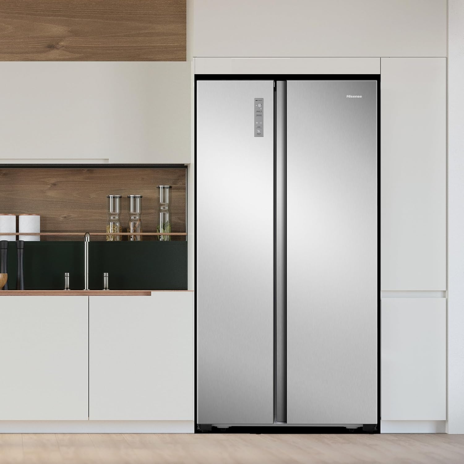 Hisense RS677N4BFD Frigorifero Americano Side by Side / Compressore Inverter / Porta Bottiglie / 2 FreshZone / Vano Verdure / Capacità Frigo 334 L / Capacità Congelatore 185 L / 41 dB / 247 kWh all'anno, Nero