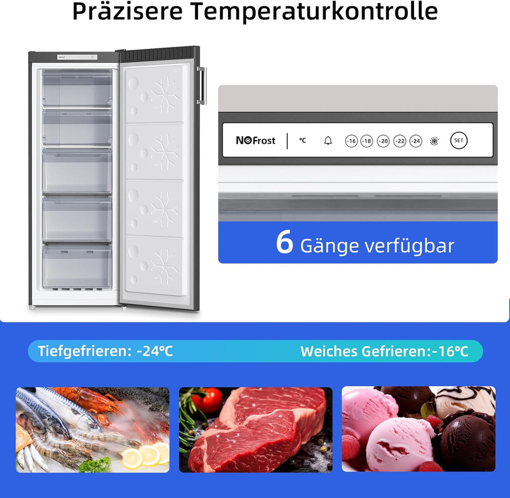 CHiQ FSD166NE4E Congelatore 166 L, Tecnologia No Frost, Porta Reversibile, Acciaio Inox Nero, Altezza 144 cm