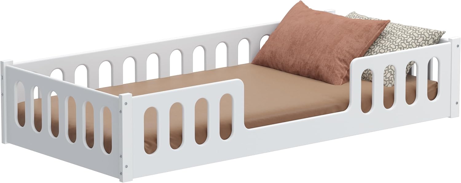 CADANI Monte Letto a terra 2in1 140x200 cm Lettino Montessori con sponda di protezione rimovibile - bianco, 46 kg, portata fino a 200 kg, rete a doghe arrotolabile extra robusta, trasformabile