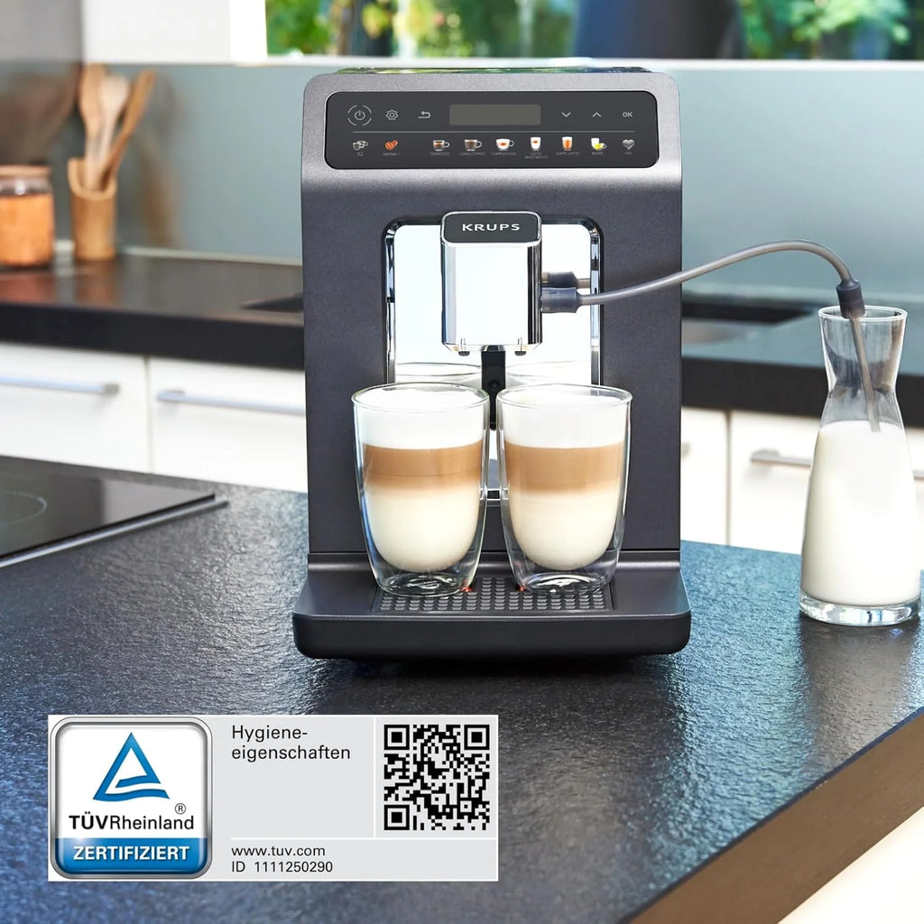 Krups Evidence One Macchina da Caffè Automatica con Tubo per il Latte, 12 Bevande, Funzione 2 Tazze, Display a Colori, Macchina del Caffè, Sigillo TÜV, Nero, EA895N10, Meteor Graphit