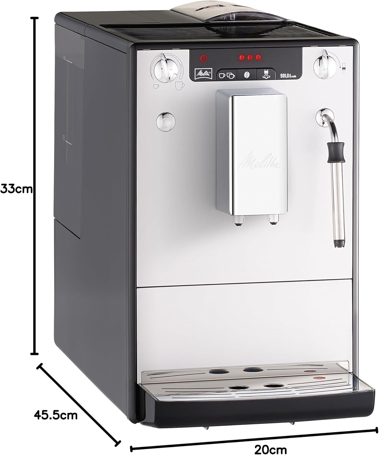 Melitta Solo & Milk - Macchina da caffè completamente automatica compatta con montalatte, con serbatoio dell'acqua rimovibile, per es. caffè o cappuccino, argento
