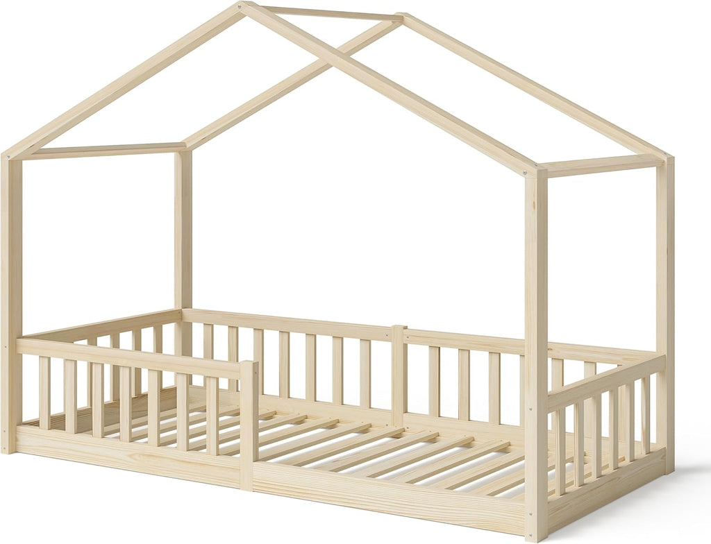 Bellabino Lettino per bambini Bia 140x200 cm, letto a capanna per bambini con protezione anticaduta e rete a doghe arrotolabile, letto a terra Montessori bianco in legno massello di pino