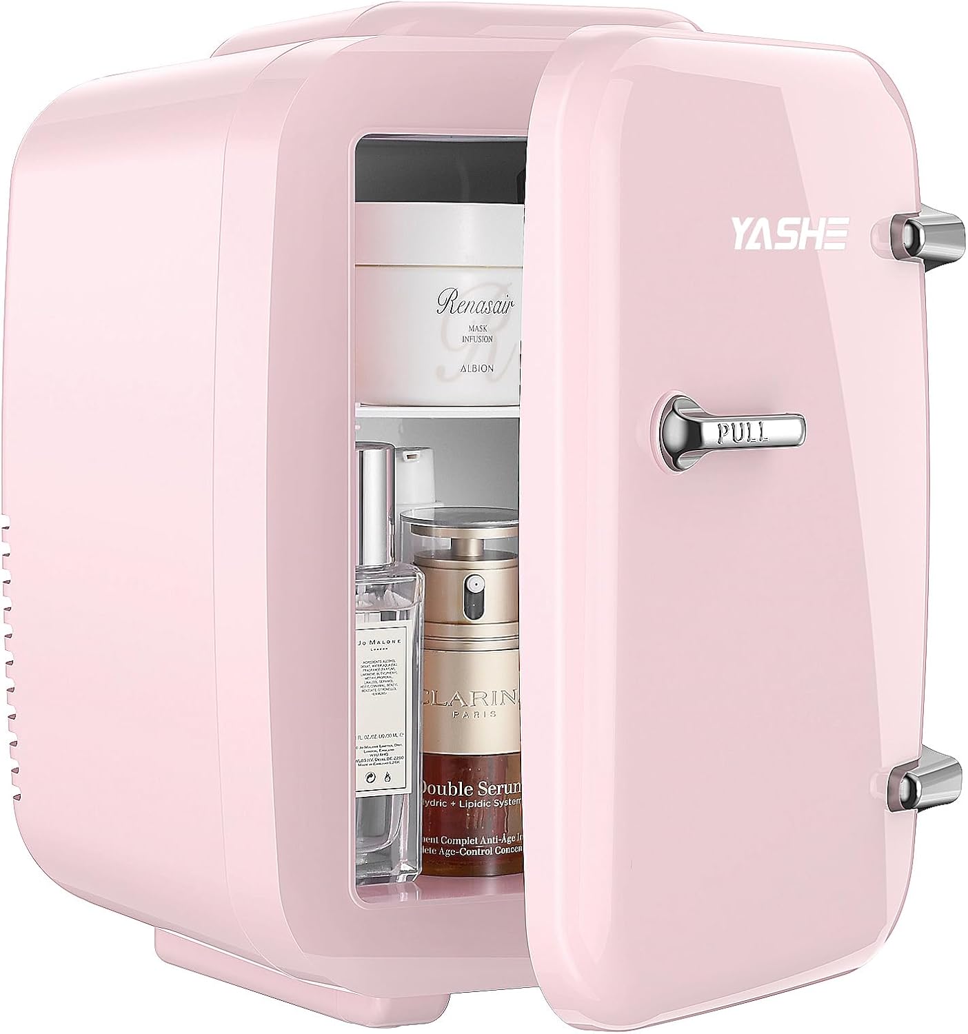 YASHE Mini Fridge, 4 Litre Mini Refrigerators for Cosmetics, Drinks, 220 V AC/12 V DC Thermoelectric Cooling and Heating, Small Fridge for Bedroom, Office, Dorm, Car (Pink)