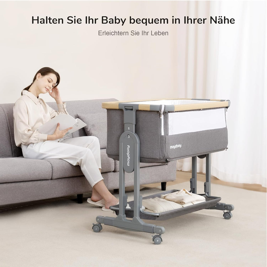 Maydolly Baby Beistellbett,3 in 1 Babybett mit Aufbewahrungskorb, Tragbare Krippe mit Rädern, Höhenverstellbar, Krippe mit Moskitonetz und Matratze für Säuglinge/Neugeborene,Grau